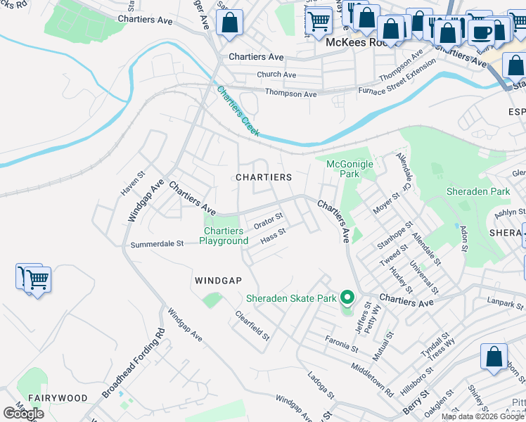 map of restaurants, bars, coffee shops, grocery stores, and more near 3717 Chartiers Avenue in Pittsburgh