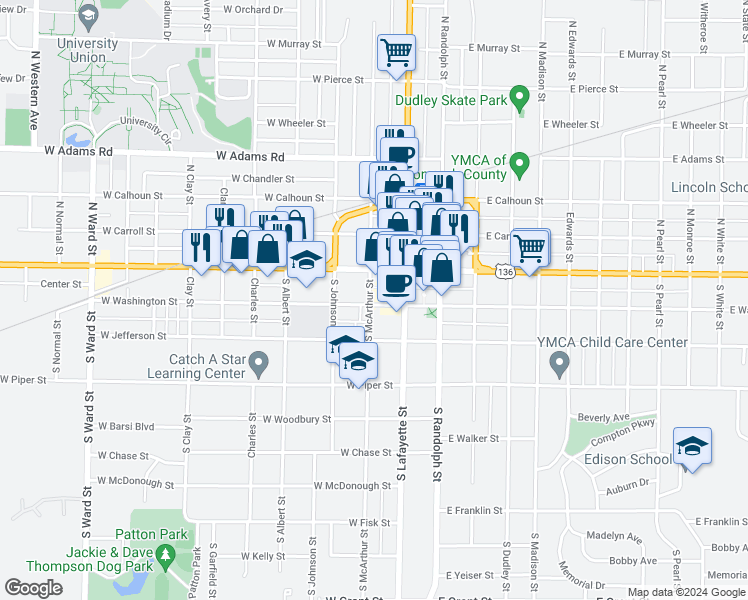 map of restaurants, bars, coffee shops, grocery stores, and more near 123 South McArthur Street in Macomb