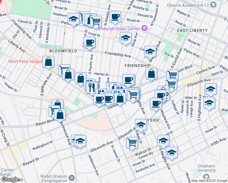 map of restaurants, bars, coffee shops, grocery stores, and more near 456 South Graham Street in Pittsburgh