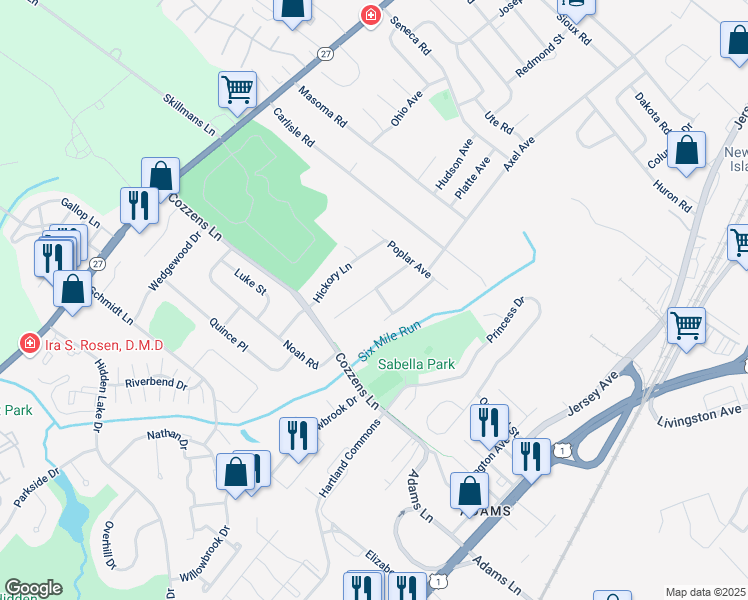 map of restaurants, bars, coffee shops, grocery stores, and more near 8 Hemlock Lane in North Brunswick Township