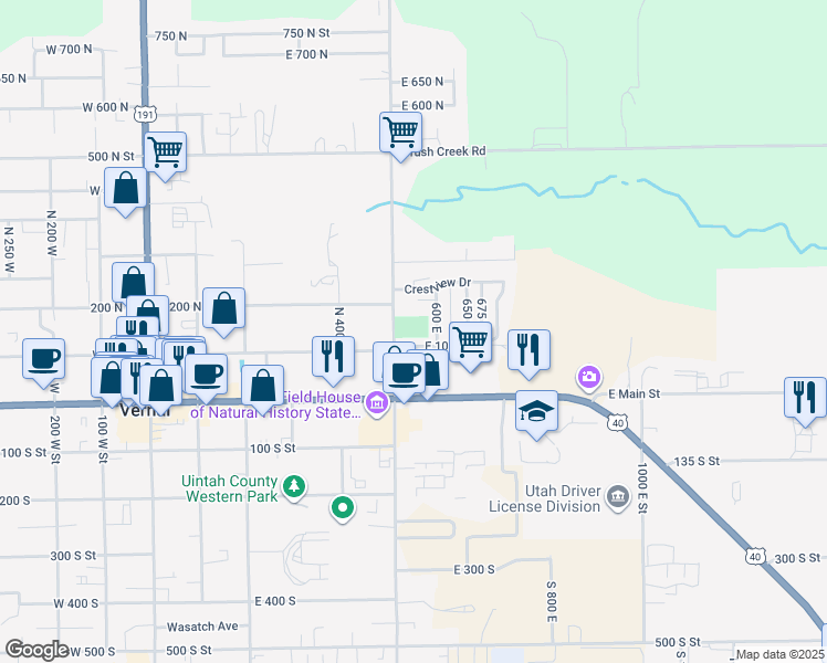 map of restaurants, bars, coffee shops, grocery stores, and more near 190 North 500 East in Vernal