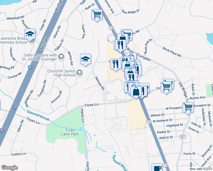 map of restaurants, bars, coffee shops, grocery stores, and more near 155 Crosspointe Drive in East Brunswick