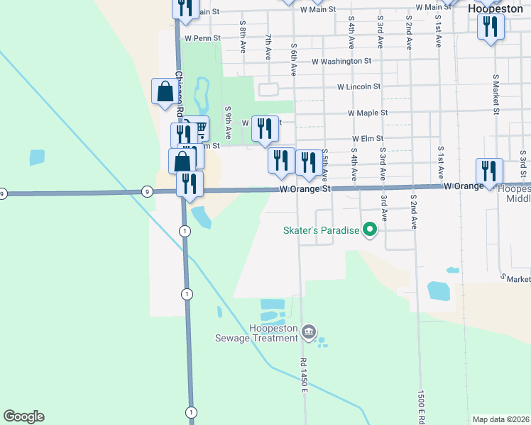 map of restaurants, bars, coffee shops, grocery stores, and more near 730 Scott Street in Hoopeston
