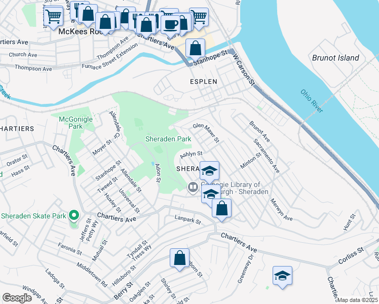 map of restaurants, bars, coffee shops, grocery stores, and more near 3217 Ashlyn Street in Pittsburgh