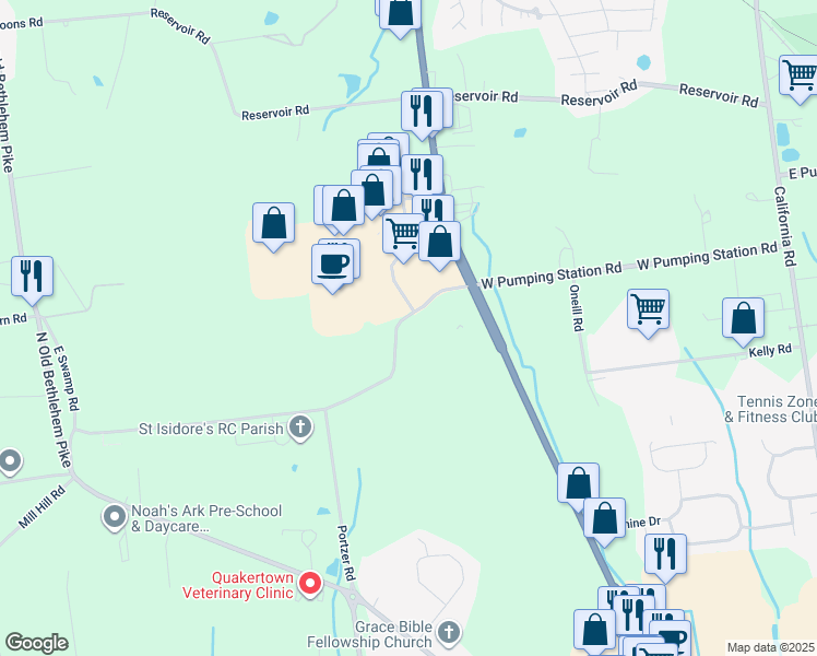 map of restaurants, bars, coffee shops, grocery stores, and more near 380 West Pumping Station Road in Quakertown