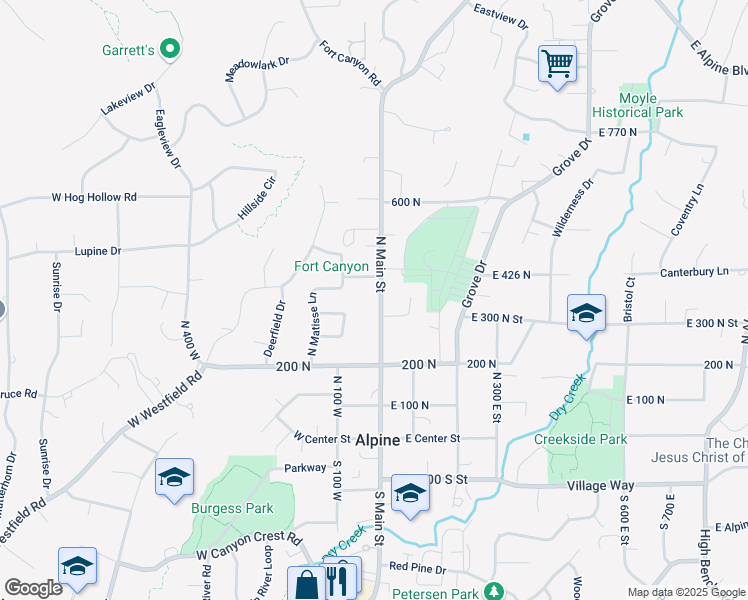 map of restaurants, bars, coffee shops, grocery stores, and more near 357 North Main Street in Alpine