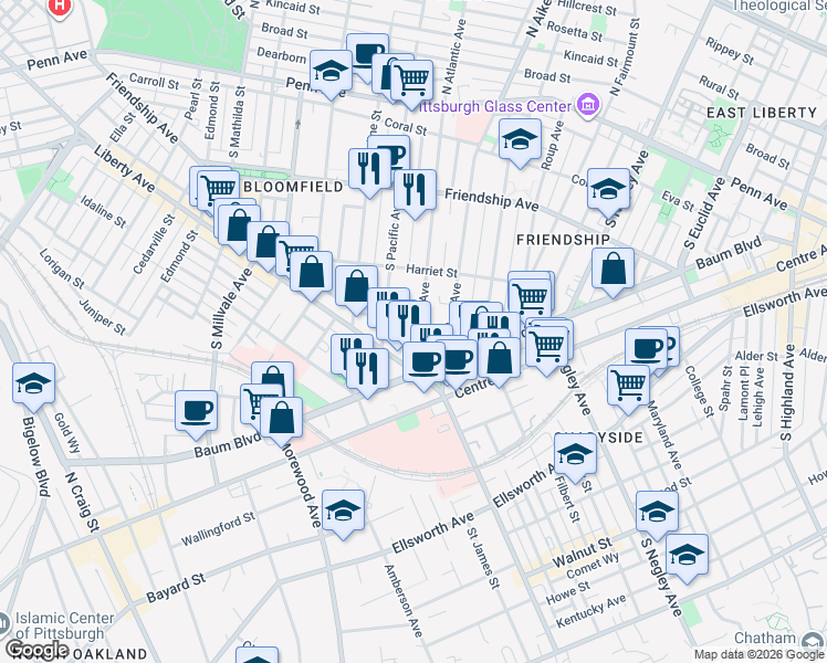 map of restaurants, bars, coffee shops, grocery stores, and more near 462 South Atlantic Avenue in Pittsburgh