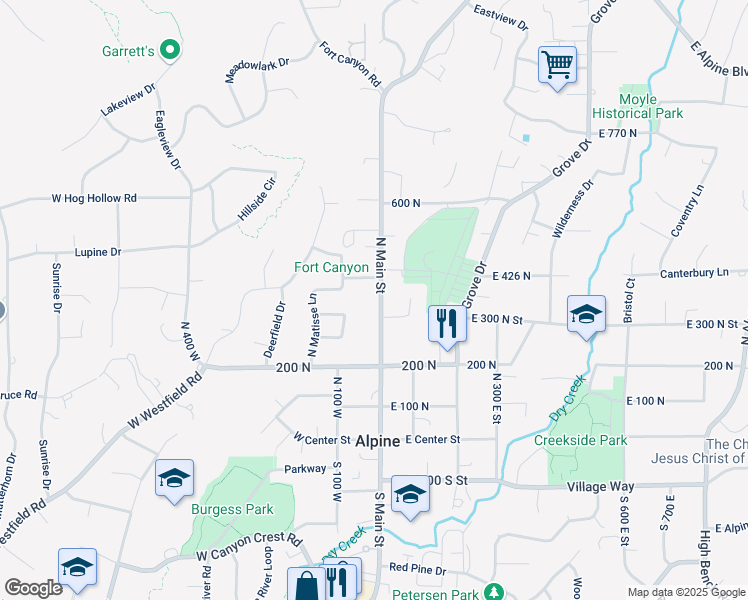 map of restaurants, bars, coffee shops, grocery stores, and more near 357 North Main Street in Alpine