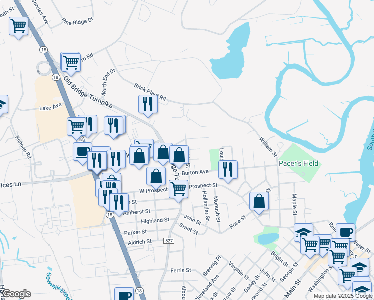 map of restaurants, bars, coffee shops, grocery stores, and more near 85 Gaszi Avenue in South River