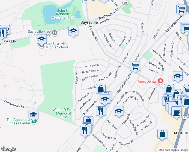 map of restaurants, bars, coffee shops, grocery stores, and more near 37 Cedar Terrace in Sayreville