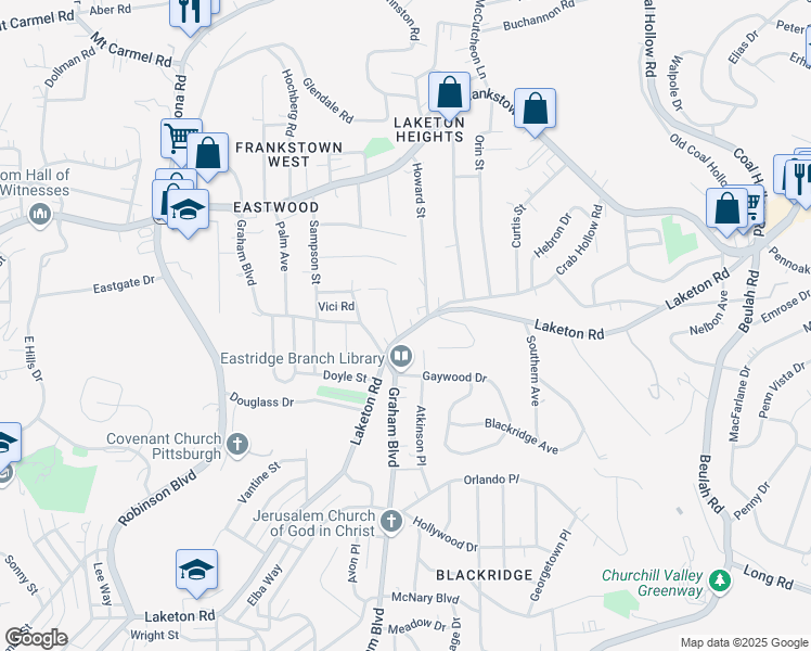 map of restaurants, bars, coffee shops, grocery stores, and more near 2601 Laketon Road in Pittsburgh