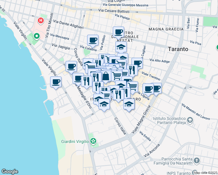 map of restaurants, bars, coffee shops, grocery stores, and more near 59 Via Emilia in Taranto