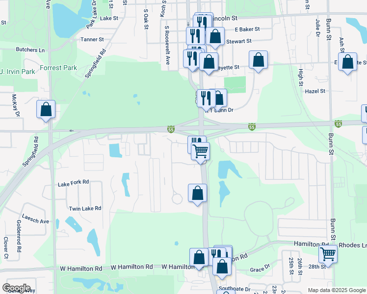 map of restaurants, bars, coffee shops, grocery stores, and more near 106 Donnie Drive in Bloomington