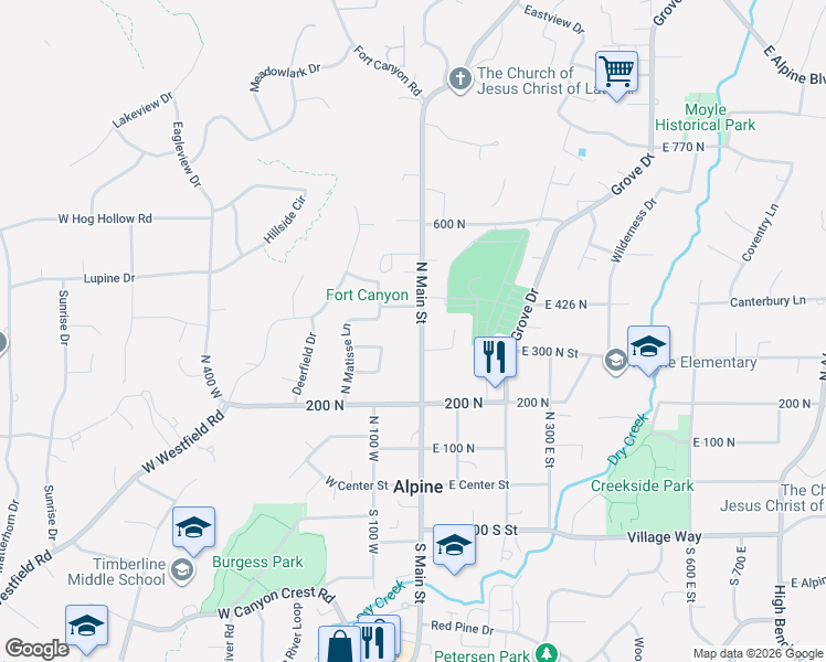 map of restaurants, bars, coffee shops, grocery stores, and more near 357 North Main Street in Alpine