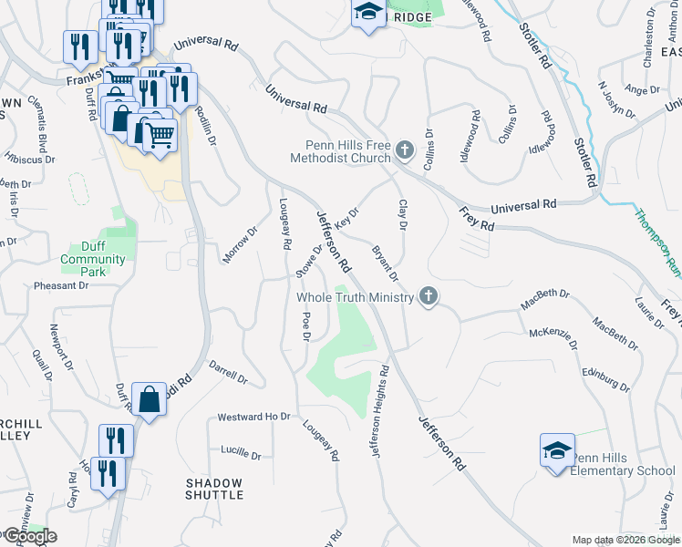 map of restaurants, bars, coffee shops, grocery stores, and more near 640 Jefferson Road in Pittsburgh