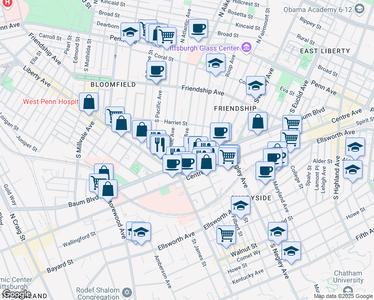 map of restaurants, bars, coffee shops, grocery stores, and more near 451 South Aiken Avenue in Pittsburgh