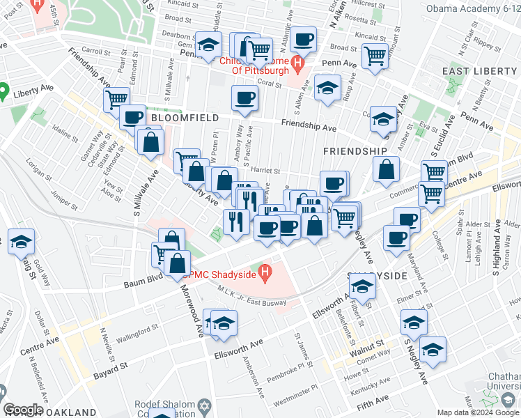 map of restaurants, bars, coffee shops, grocery stores, and more near 459 South Atlantic Avenue in Pittsburgh