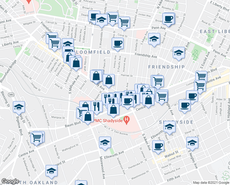 map of restaurants, bars, coffee shops, grocery stores, and more near 95164 Corday Way in Pittsburgh