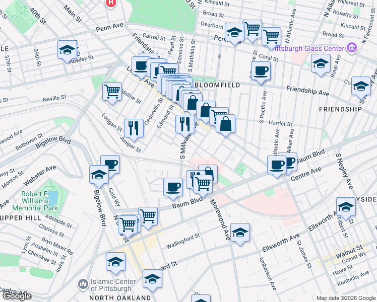 map of restaurants, bars, coffee shops, grocery stores, and more near 4921 Yew Street in Pittsburgh