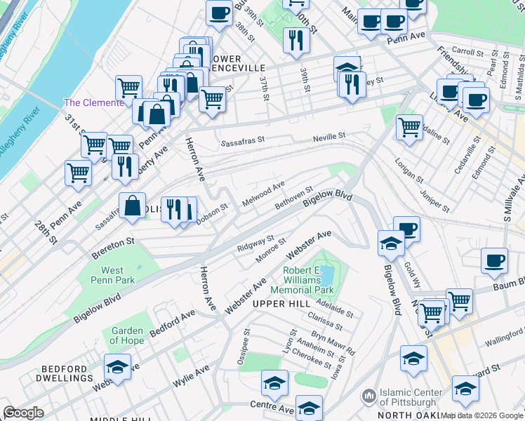 map of restaurants, bars, coffee shops, grocery stores, and more near 3419 Bethoven Street in Pittsburgh