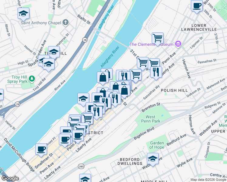 map of restaurants, bars, coffee shops, grocery stores, and more near Spruce Way in Pittsburgh
