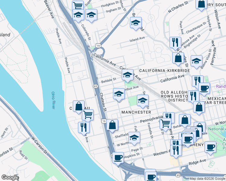 map of restaurants, bars, coffee shops, grocery stores, and more near 1411 Warner Street in Pittsburgh