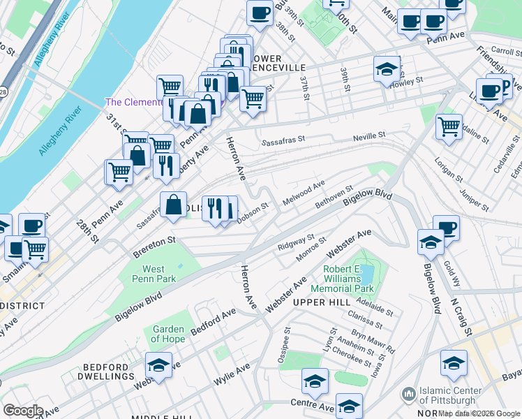 map of restaurants, bars, coffee shops, grocery stores, and more near 3218 Dobson Street in Pittsburgh