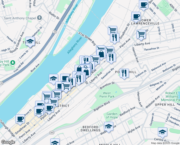 map of restaurants, bars, coffee shops, grocery stores, and more near 2847 Penn Avenue in Pittsburgh