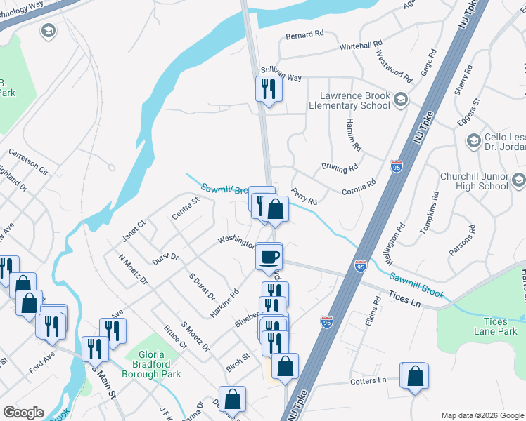map of restaurants, bars, coffee shops, grocery stores, and more near 100 Ryders Lane in Milltown