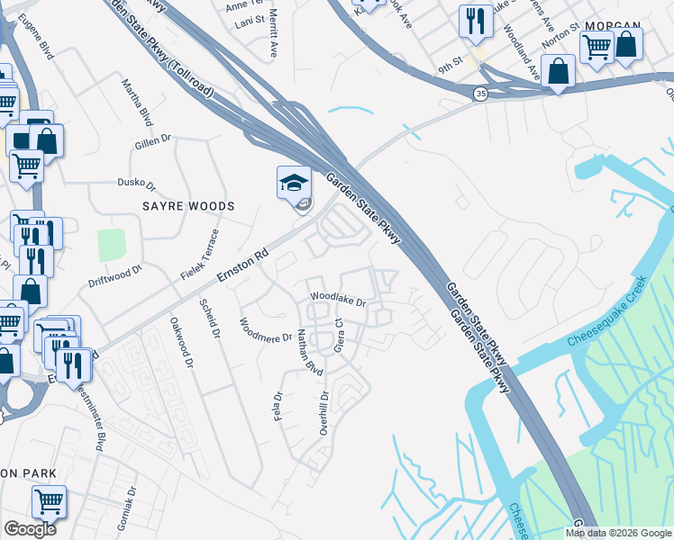 map of restaurants, bars, coffee shops, grocery stores, and more near 1801 Ridgeview Court in Sayreville