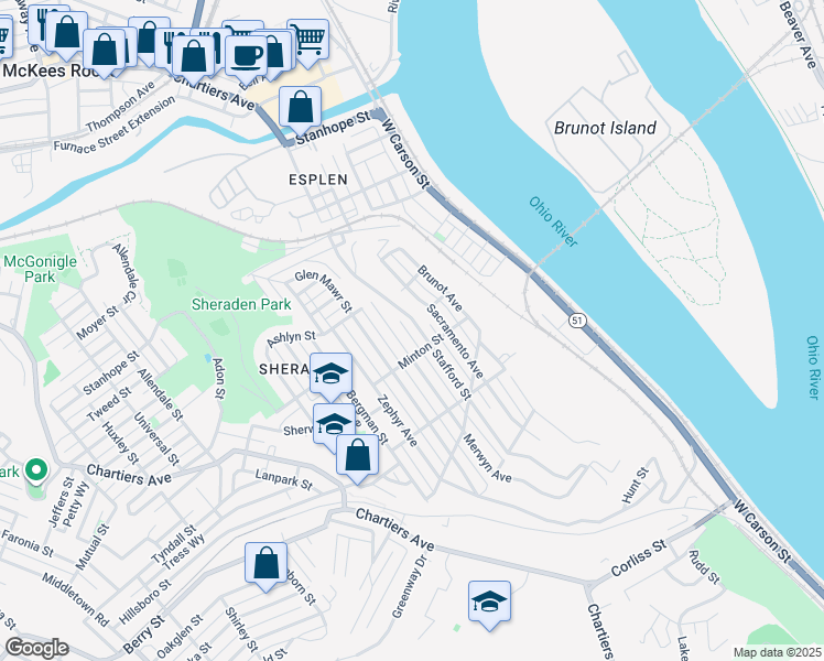 map of restaurants, bars, coffee shops, grocery stores, and more near 3019 Stafford Street in Pittsburgh