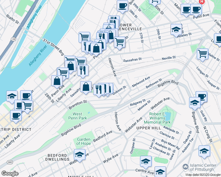 map of restaurants, bars, coffee shops, grocery stores, and more near 21 Revere Way in Pittsburgh