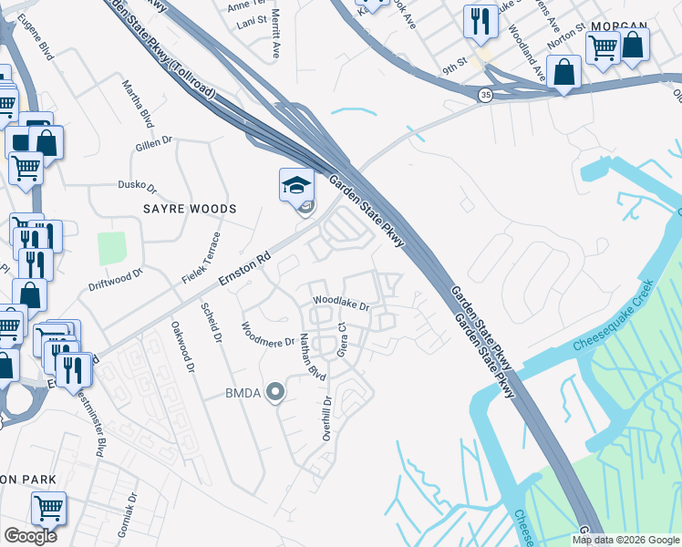 map of restaurants, bars, coffee shops, grocery stores, and more near 1801 Ridgeview Court in Sayreville