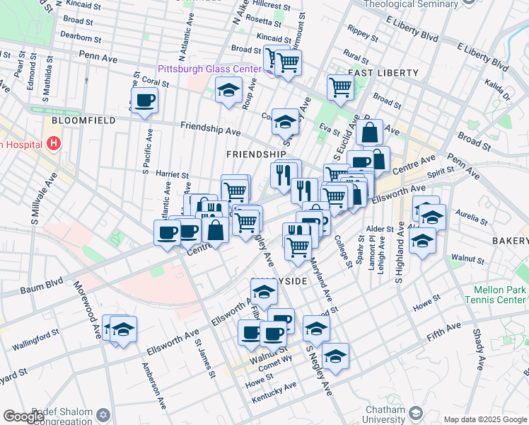 map of restaurants, bars, coffee shops, grocery stores, and more near 401 South Negley Avenue in Pittsburgh