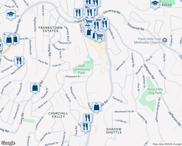 map of restaurants, bars, coffee shops, grocery stores, and more near 272 Duff Road in Pittsburgh
