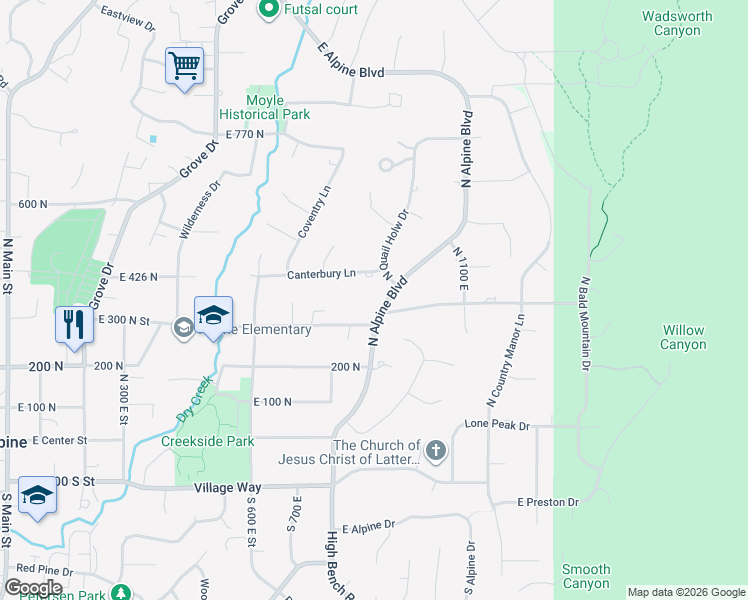 map of restaurants, bars, coffee shops, grocery stores, and more near 905 East 300 North Street in Alpine