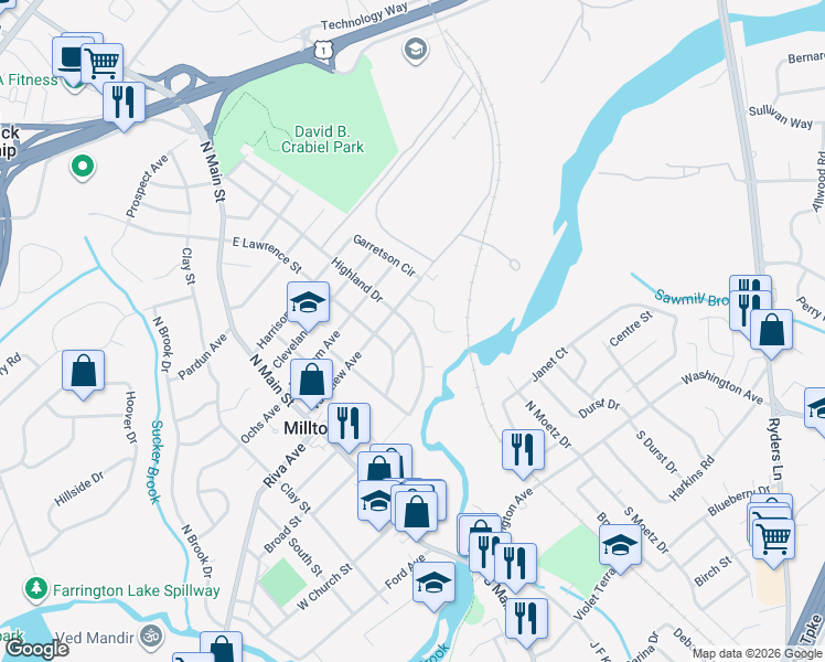 map of restaurants, bars, coffee shops, grocery stores, and more near 204 Highland Dr in Milltown