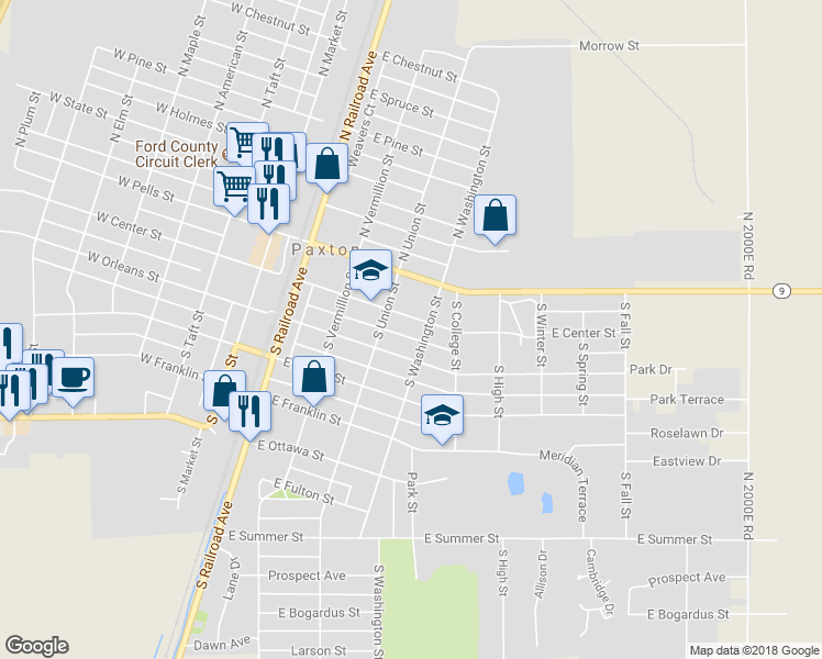 map of restaurants, bars, coffee shops, grocery stores, and more near 444 East Center Street in Paxton