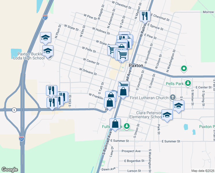 map of restaurants, bars, coffee shops, grocery stores, and more near 119 West Patton Street in Paxton