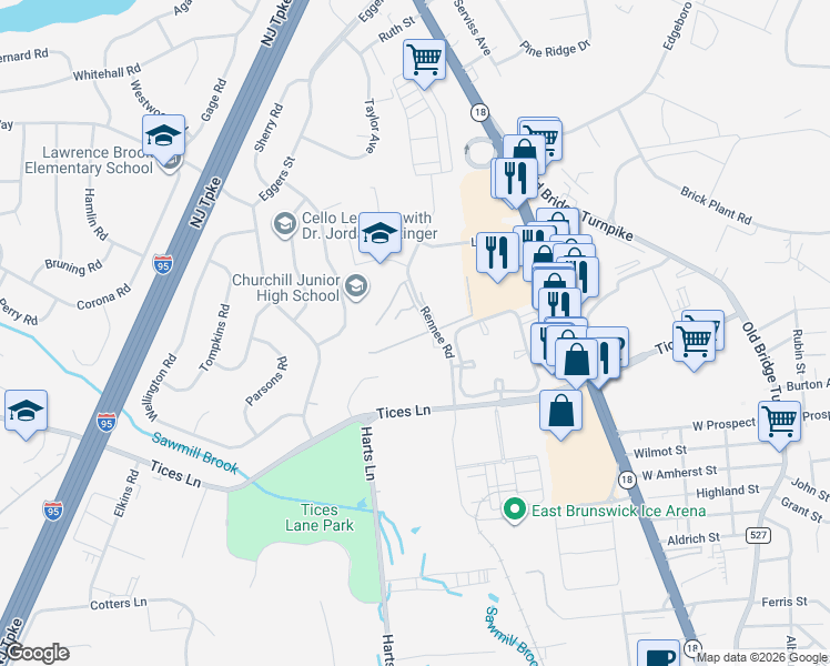 map of restaurants, bars, coffee shops, grocery stores, and more near 16 Lake Avenue in East Brunswick