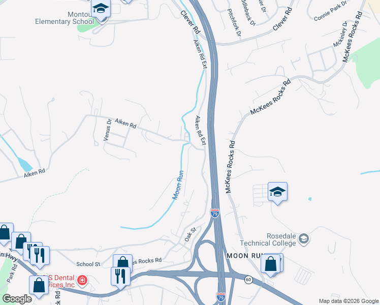 map of restaurants, bars, coffee shops, grocery stores, and more near 103 Arbor Trail Drive in McKees Rocks