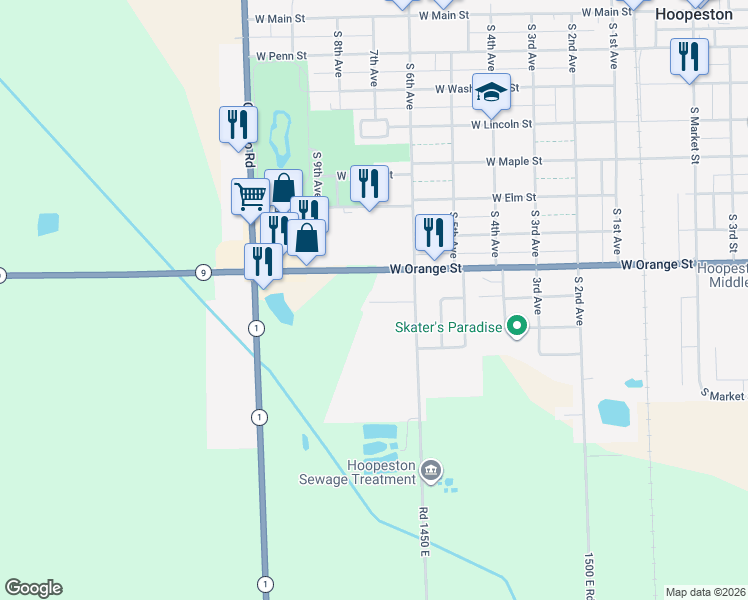 map of restaurants, bars, coffee shops, grocery stores, and more near 730 Scott Street in Hoopeston