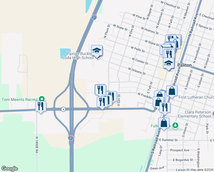 map of restaurants, bars, coffee shops, grocery stores, and more near 422 South Cherry Street in Paxton