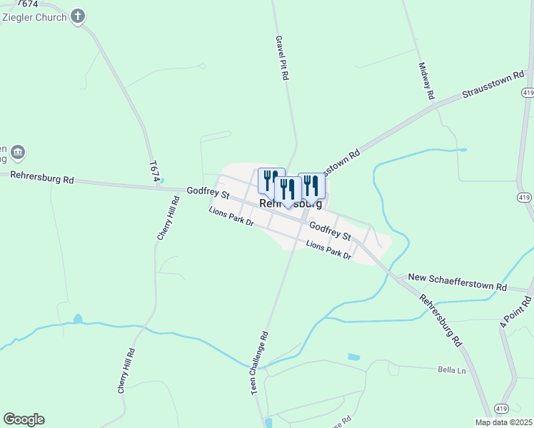 map of restaurants, bars, coffee shops, grocery stores, and more near 240 Godfrey Street in Rehrersburg