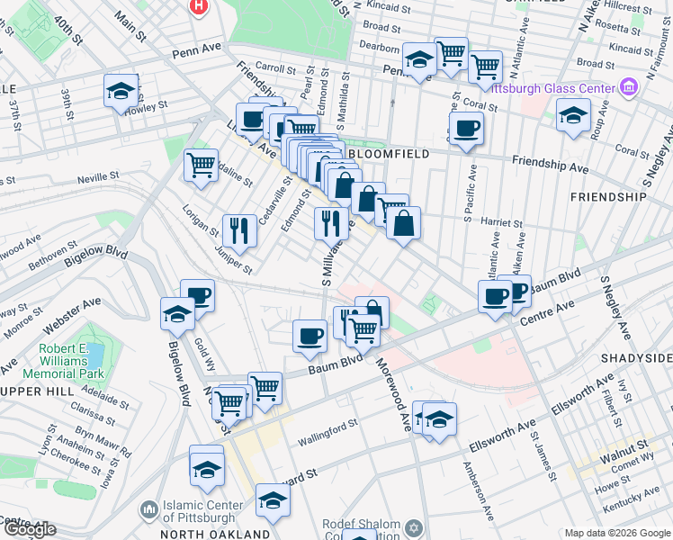 map of restaurants, bars, coffee shops, grocery stores, and more near 4921 Yew Street in Pittsburgh