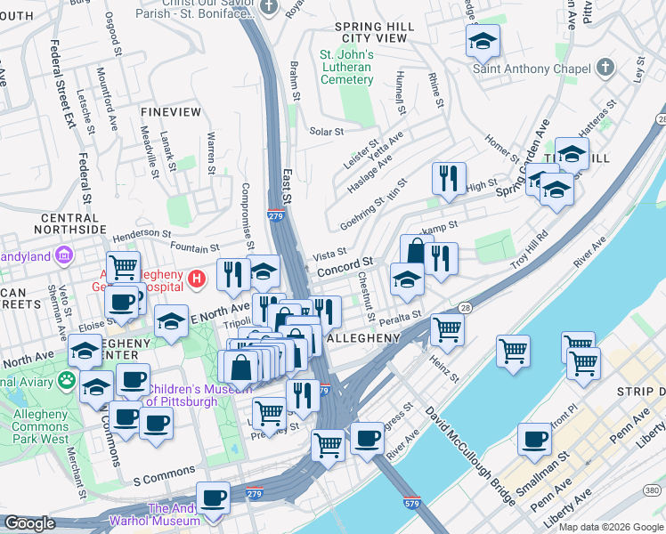 map of restaurants, bars, coffee shops, grocery stores, and more near 838 Concord Street in Pittsburgh