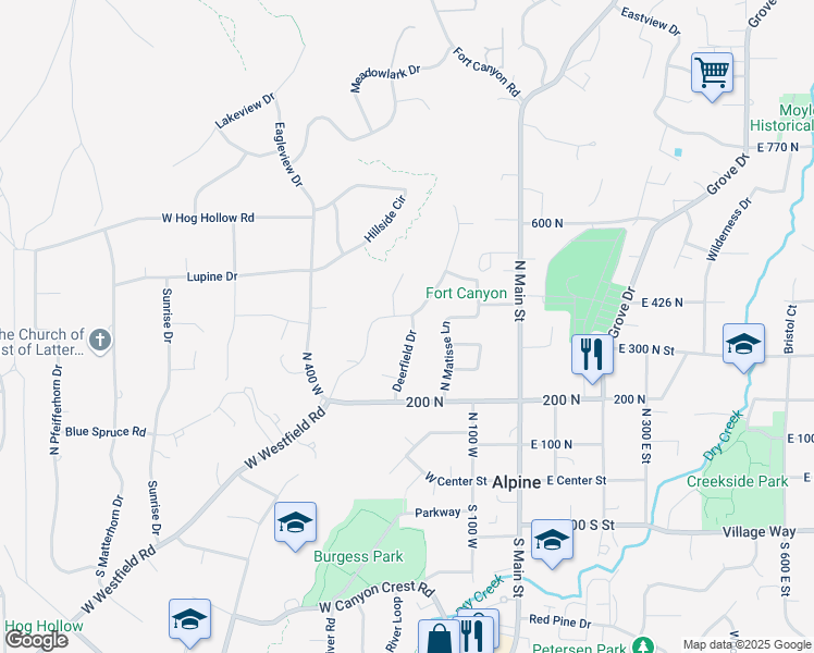 map of restaurants, bars, coffee shops, grocery stores, and more near 372 North Whitby Woodlands Drive in Alpine