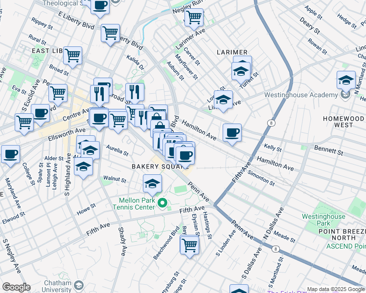 map of restaurants, bars, coffee shops, grocery stores, and more near 6437 Dahlem Place in Pittsburgh