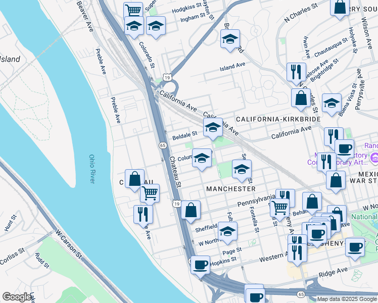 map of restaurants, bars, coffee shops, grocery stores, and more near 1411 Warner Street in Pittsburgh
