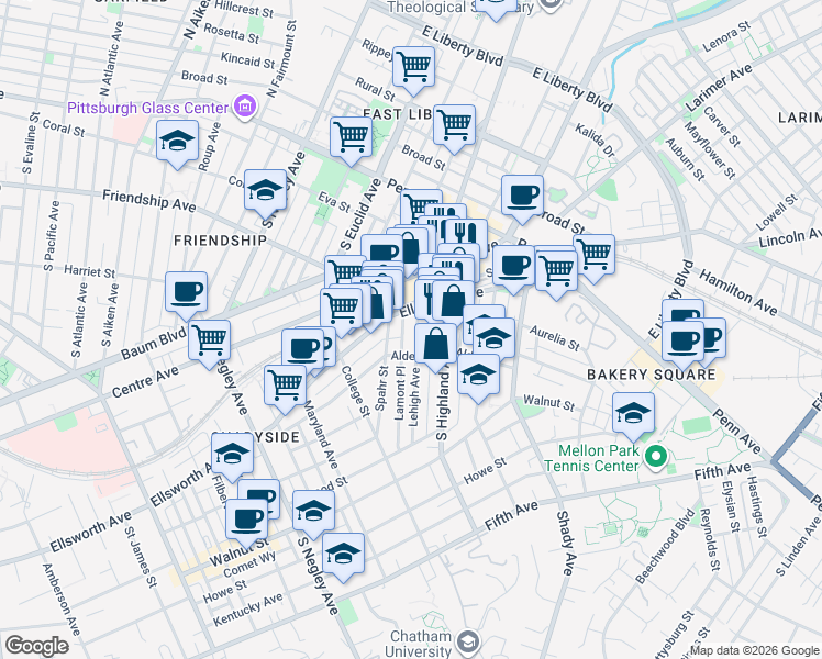 map of restaurants, bars, coffee shops, grocery stores, and more near 229 Lehigh Avenue in Pittsburgh